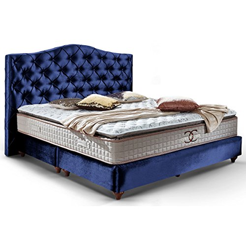 Designer Boxspringbett Jersey Royal-Blau Samt-Stoff Hotel-Bett Doppelbett Taschenfederkern-Matratze Comfort-Care Topper Modern Luxusbett