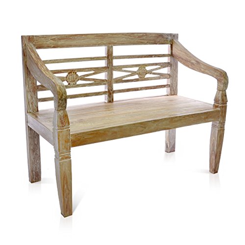 DIVERO 2-Sitzer stabile antike Gartenbank 115 cm massiv Teak-Holz Handarbeit 2 Personen Bank mit Schnitzereien weiß whitewash