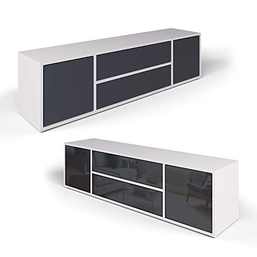 Vicco Lowboard Grande Weiß Anthrazit - Fernsehschrank Sideboard TV Fernsehtisch/Hochglanz Fronten oder Soft Touch/Inkl Push to Open Funktion