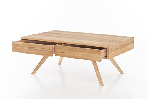 Woodlive Massivholz Couchtisch rechteckig aus Kernbuche, Wohnzimmer-Beistelltisch, massiver Holztisch inkl. 2 Schubladen, Tisch 110 x 70 cm
