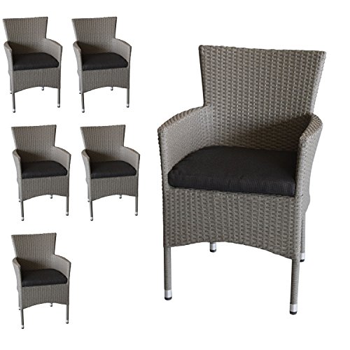 Wohaga 6X Polyrattan Sessel stapelbar Rattansessel grau-meliert inklusive schwarzen Sitzkissen Gartensessel Stapelstuhl Gartenstuhl Rattanstuhl