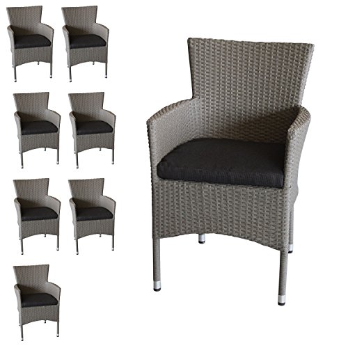 Wohaga 8X Polyrattan Sessel stapelbar Rattansessel grau-meliert inklusive schwarzen Sitzkissen Gartensessel Gartenstuhl Rattanstuhl Rattansessel