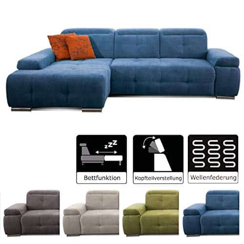 CAVADORE Schlafsofa Mistrel mit Longchair XL rechts / Große Eck-Couch im modernen Design / Mit BettfunktionWellenunterfederung