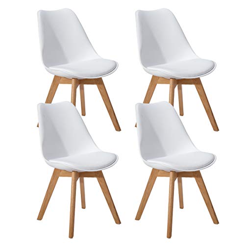 EGGREE 4er Set Esszimmerstühle Skandinavisch Küchenstuhl Stühle Modern mit Massivholz Eiche Bein und Kunstlederkissen, Weiß