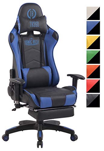 Chefsessel Turbo XFM Kunstleder mit Massagefunktion l Höhenverstellbarer Bürostuhl mit ausziehbarer Fußablage und beheizbarem Sitzbereich, Farbe:schwarz/blau