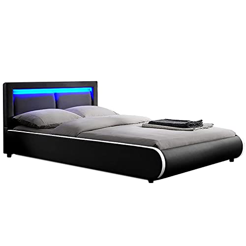 Juskys Polsterbett Murcia 140 x 200 cm – Bett mit LED, Lattenrost, Kopfteil & Kunstleder – Bettgestell gepolstert, gemütlich & modern - schwarz