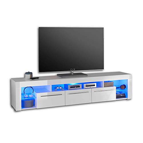 GOAL TV-Lowboard in Hochglanz Weiß mit blauer LED-Beleuchtung - hochwertiges TV-Board mit viel Stauraum für Ihr Wohnzimmer - 200 x 44 x 44 cm (B/H/T)