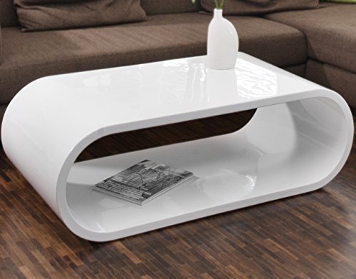 SalesFever Couch-Tisch weiß Hochglanz 120x60cm aus MDF oval | Nofin |Schlichter Lounge-Tisch im Retro-Look | Wohnzimmer-Tisch Weiss mit ausgefallenem Design 120cm x 60cm
