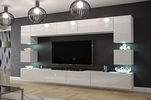 Furnitech Modernes TV Möbel mit LED Beleuchtung Schrank Wohnschrank Wohnzimmer Schrankwand Wohnwand Mediawand Nowara 1C (AN1-17W-HG21 1C, LED RGB (16 Farben))