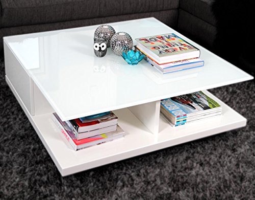 SalesFever Couch-Tisch weiß Hochglanz mit Schublade 100x100cm quadratisch | Carla | Moderner Wohnzimmer-Tisch mit Tischplatte aus Kristallglas Weiss 100cm x 100cm