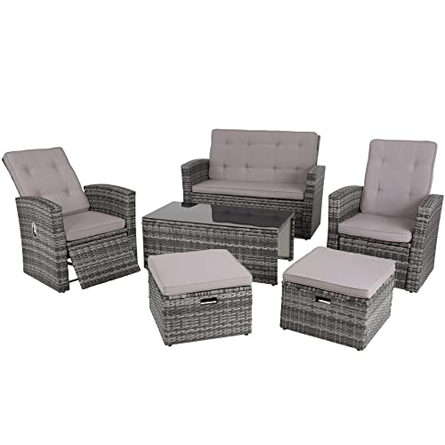 tectake 801040 Aluminium Poly Rattan Lounge Sitzgruppe für 6 Personen, Gartenmöbel Set mit Sofa, Sessel, Hocker + Tisch, Sessel mit verstellbaren Rückenlehnen, inkl. Polster (Grau | Nr. 404304)