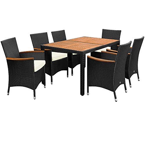 Deuba Poly Rattan Sitzgruppe 6 Stapelbare Stühle 7cm Auflagen Gartentisch 150x90 cm Akazie Holz Gartenmöbel Set Schwarz