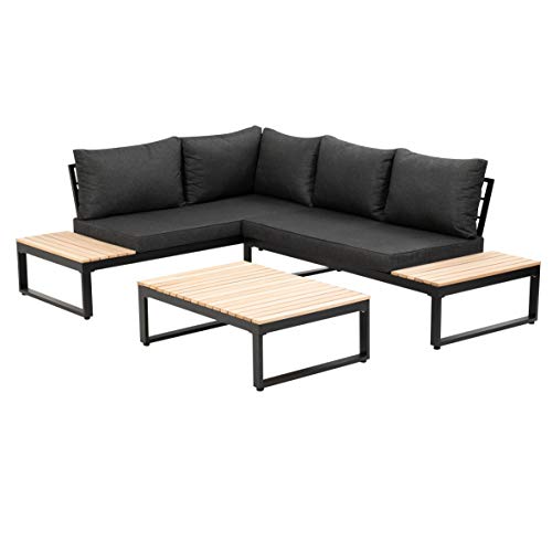 greemotion Lounge-Set Rio, Gartenmöbel-Set aus Aluminium & Akazienholz FSC 100%, Schwarz / Holzfarben / Grau
