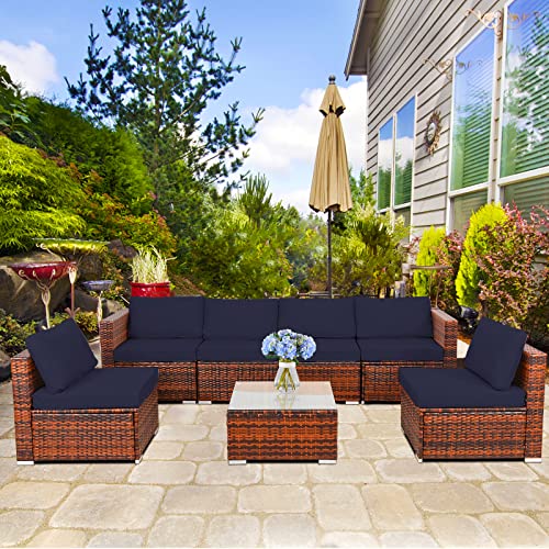 Garden Furniture Sets 7 Pieces Outdoor PE Wicker Patio Seating Table and Chairs,Rattan Patio Conversation Set Lounge Set Corner Sofa Couch with Blue Cushion