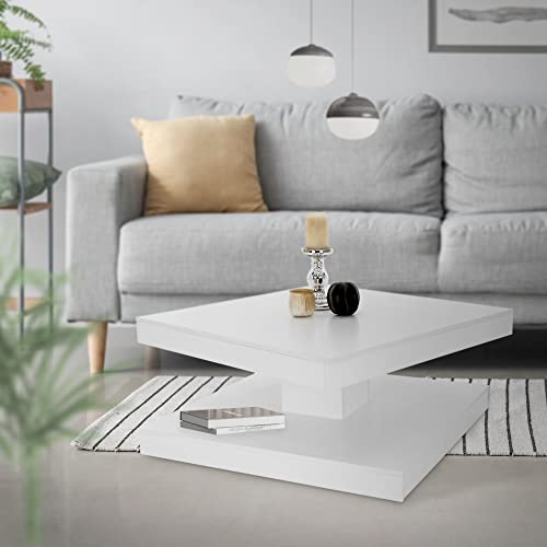 ML-Design Couchtisch mit 360° drehbarer Tischplatte und Ablagefläche, 78x78x36 cm in Weiß, Holzwerkstoff, Wohnzimmertisch mit viel stauraum, Moderner Beistelltisch, Geräumiger Sofatisch, Lounge Tisch