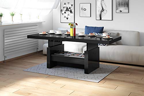 HU Design Couchtisch Tisch Aversa H-111 Schwarz Hochglanz Schublade höhenverstellbar ausziehbar Esstisch