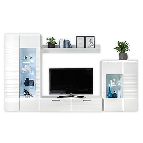 Stella Trading New Long Wohnwand Komplett-Set in Weiß-Moderne Schrankwand mit LED-Beleuchtung für Ihr Wohnzimmer, Holzwerkstoff