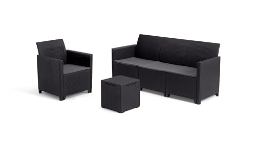 Keter Nora Gartenmöbel Lounge Set, inkl. Sitzkissen, grau, für 4 Personen, wahlweise 3er Sofa + Sessel oder 2x 2-Sitzer Sofa und Tisch