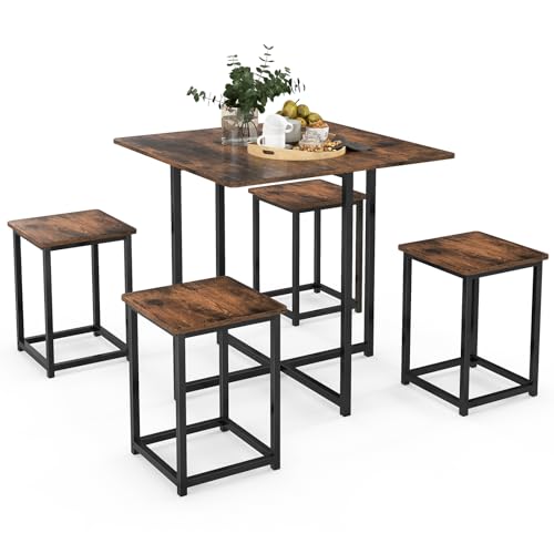 RELAX4LIFE Esstisch Set 5-teilig, Esszimmertisch mit 4 Hockern, Küchentisch Set mit Metallrahmen, Sitzgruppe für 4 Personen, Industriedesign, Esszimmergruppe für Küche Esszimmer (Vintagebraun)