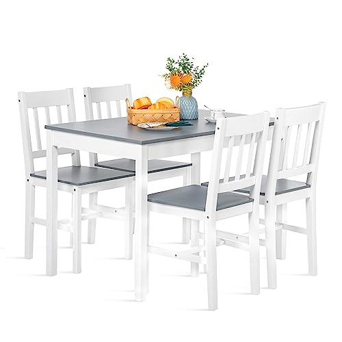 FURNITABLE Esstisch mit 4 Stühlen, Essgruppe Kiefer Holz für Esszimmer, Küche, Wohnzimmer, Grau und Weiß
