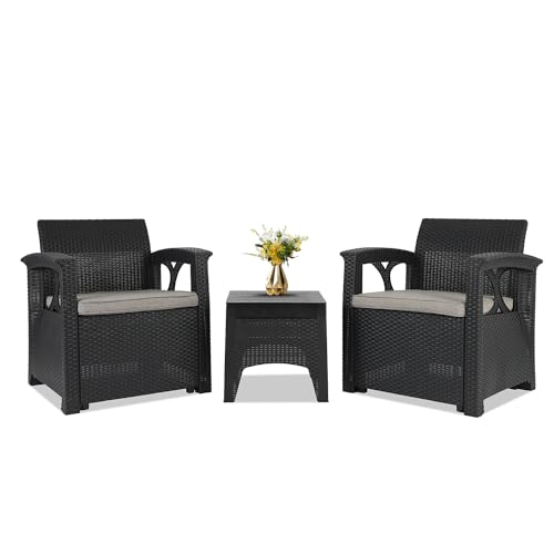 Sekey Rattan Gartenmöbel Set, Lounge Gartenmöbel Set 2 Sessel & Tisch, 3 tlg. Gartensitzgruppe, Balkonmöbel Kleiner Balkon, Terrassenmöbel für Garten Indoor Balkon, Anthrazit