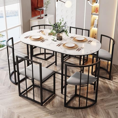 Esszimmergruppe mit Esstisch und 6 Essstühlen, Esstisch mit 6 Stühlen Set, Moderner Küchentisch Set, für Ihr Esszimmer Küche Wohnzimmer, Essgruppe mit Schwarz Tischbeine, für Entspannte Frühstücke
