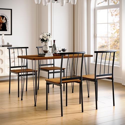 SONNI Esstisch mit 4 Stühlen, Essgruppe Sitzgruppe mit Solider Stahlrahmen, Esszimmermöbel Küche für 4 Personen, Vintage Dunkelbraun