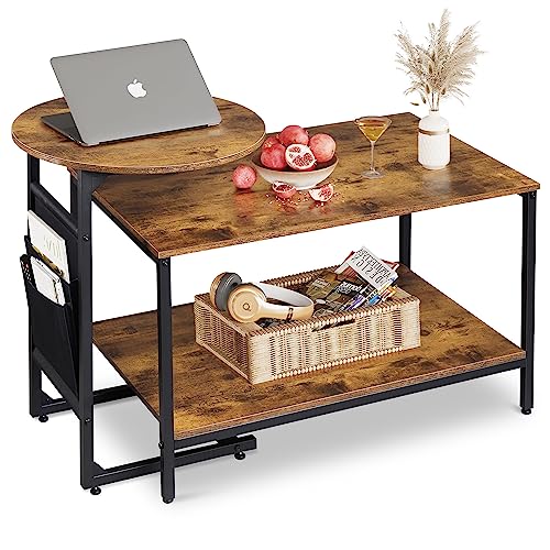 WLIVE Couchtisch Rund mit 2 Ebenen, Wohnzimmertisch Holz, Stubentisch mit Metallrahmen, für Wohnzimmer, Schlafzimmer, Modern Design, Braune Walnuss