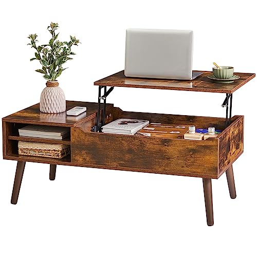 IBUYKE Couchtisch, Couchtisch Höhenverstellbar, Platte Kaffeetisch, Ausziehbarer Wohnzimmertisch, Separates Verstecktes Ablagefach, für Wohnzimmer, Büro, Vintage Braun WCT001H
