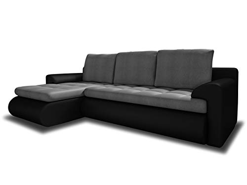 Ecksofa Santi II mit schmutzabweisender Stoff - Couchgarnitur mit Schlaffunktion und Bettkasten, Couch, Polsterecke, Schlafsofa (Schwarz + Grau (Madryt 1100 + Trinity 14), Ecksofa Links)