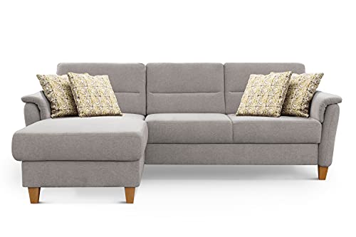 CAVADORE Ecksofa Palera / L-Form-Sofa im Landhausstil mit Federkern / 244 x 89 x 163 / Chenille-Bezug, Hellgrau