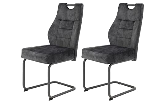 Hela Tische, 2er Set Esszimmerstuhl Schwingstuhl Linda, Mikrofaser Anthrazit, Rundrohgestell grau, Komfortsitz Federkorb, 140kg belastbar