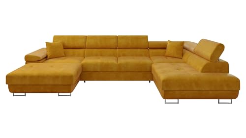 Mirjan24 Ecksofa Torezio Bis mit Bettkasten, Einstellbare Kopfstützen, Sofa mit Schlaffunktion, Eckcouch für Wohnzimmer, Polsterecke, U-Form Couch mit Bettfunktion (Wave 05, Seite: Rechts)