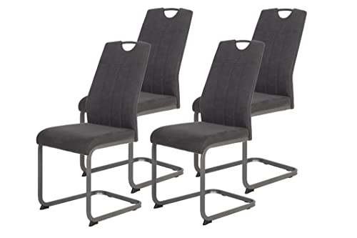 Hela Tische, 4er Set Esszimmerstuhl, Schwingstuhl CHRISTINA, Microfaser Vintage-Optik Anthrazit, Metallgestell Grau, Lehne mit Griff