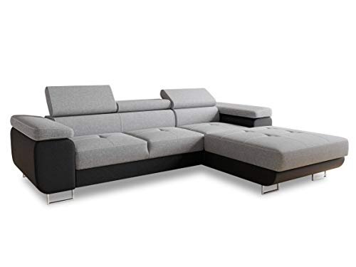 Ecksofa Divo mit Schlaffunktion, Bettkasten und Kopfteilverstellung, Polsterecke, Wohnlandschaft, Sofagarnitur, Couch, Sofa, Federkern (Schwarz + Grau (Soft 011 + Sawana 21), Ecksofa Rechts)