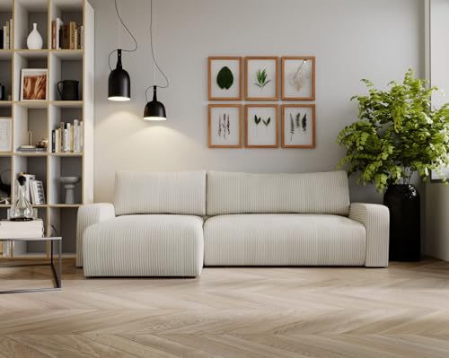 Kaiser Möbel, Ecksofa mit schlaffunktion, mit Bettkasten, Schlafsofa Argon, Designer Sofa, Modern Design Couch, Polsterecke, Freistehend, Zoom Stoff- Dicker Cord Ecru Ottomane Links