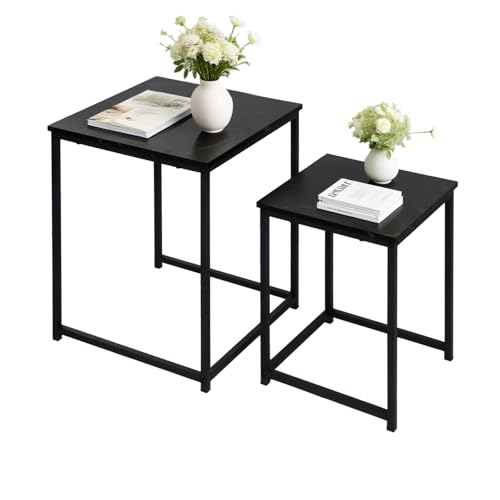 BIGTREE Beistelltisch, Couchtisch 2er Set, Moderner Sofatisch, Wohnzimmertisch aus Holz, Satztisch mit Metallgestell, Stapelbar, Quadratisch/Schwarz