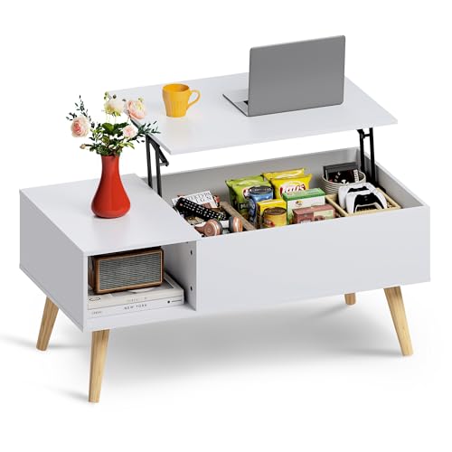 WLIVE Couchtisch Höhenverstellbar und Ausziehbar, Wohnzimmertisch mit Großem Verstecktem Staufach, Hebeplatte Kaffeetisch für Büro,50 x 100cm Sofatisch, Weiß