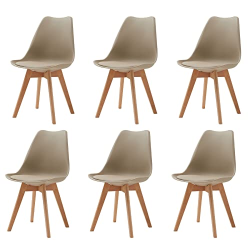 GrandCA HOME 6er-Set Esszimmerstühle, Bürostühle mit Beinen aus massiver Buche, Retro-Design, gepolsterte Stühle, Küchenstühle aus Holz,Khaki
