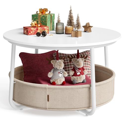 VASAGLE Couchtisch rund, Tisch mit Stauraum, Beistelltisch, Wohnzimmertisch mit Korb aus Stoff, modern, Metallrahmen, mattweiß-Kamelbraun LCT244W10