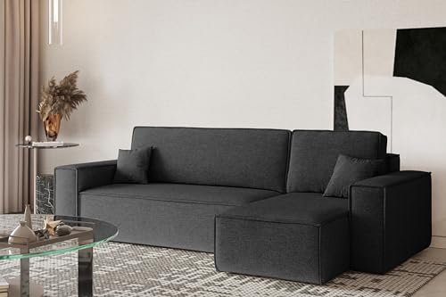 Kaiser Möbel, Ecksofa mit schlaffunktion, mit Bettkasten, Schlafsofa Best, Designer L-Form Sofa, Modern Design Couch, Polsterecke, Freistehend, Stoff Neve Dunkelgrau Rechts