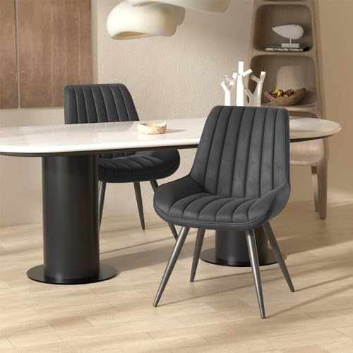 Hawthyhome Esszimmerstühle 2er Set | Polsterstühle mit 5 cm Sitzkissen • künstlicher Stoff Dining Chair • Küchenstuhl mit Rückenlehne • Moderne Sessel • Metallbeine • Schwarz FU01043BL-2