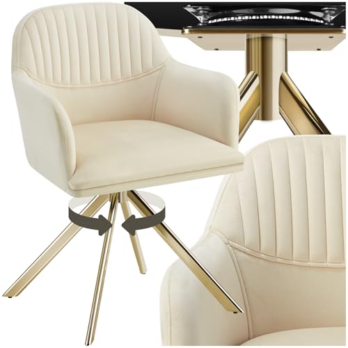 tectake® Esszimmerstuhl drehbar, Armlehnstuhl drehbar, ergonomischer Stuhl Samt, Stühle für Esszimmer, Möbel für Wohnzimmer, Arbeitszimmer, Esstisch, Schminktisch - Creme/Gold