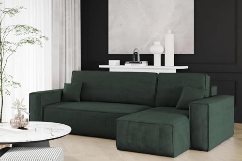 Kaiser Möbel, Ecksofa mit schlaffunktion, mit Bettkasten, Schlafsofa Best, Designer Sofa, Modern Design Couch, Polsterecke, Freistehend, Dicker Cord, Grün Rechts
