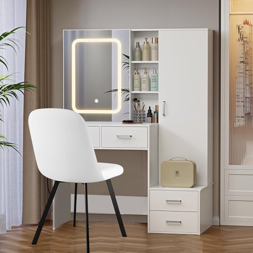 Aiorber Schminktisch mit Beleuchtung und Esszimmerstuhl, Stuhl für den Schminktisch, LED Einstellbare Helligkeit 3 Farben, Polsterstuhl, Füße für Schlafzimmer, Garderobe, Make-up-Studio, Wohnzimmer