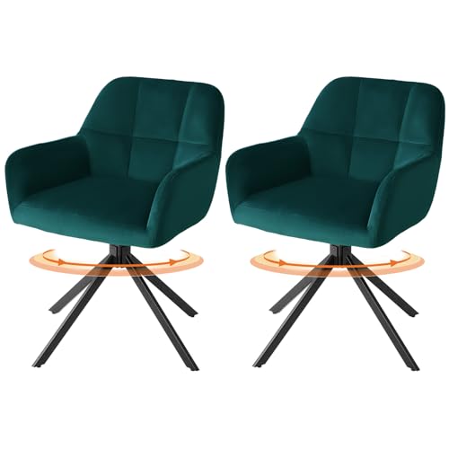 Sweetcrispy Esszimmerstuhl 2er Set, 360° Drehstuhl Esszimmer, Küchenstuhl, Samt Schminktisch Stuhl, bis 120 kg belastbar, Sessel mit Armlehnen Stahlbeine, Schreibtischstuhl für Arbeitszimmer, Grün