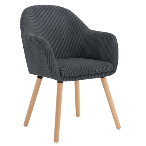 WOLTU Esszimmerstühle 1er Set, für Schlafzimmer Küche Wohnzimmer, Küchenstühle gepolstert Modern, mit Armlehnen, Massivholzbeinen, Sitzfläche aus Cord, Dunkelgrau