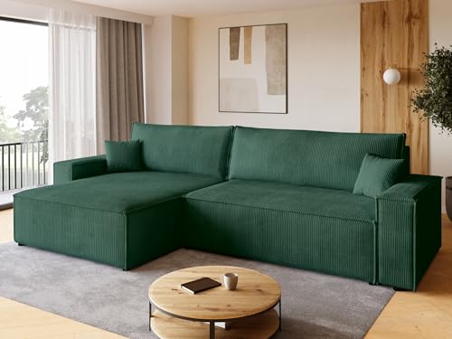 BROMARKT Sofa mit Schlaffunktion Couch L Cordstoff Sofa Bettkasten Schlafsofa für Wohnzimmer Ecksofa freistehend Adi XL Relaxsofa 3 sitzer 272x143x85 cm Grün
