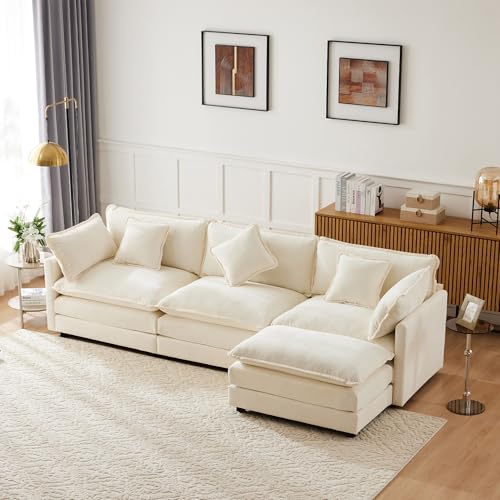 Gegtuon Couch Sofa 3 Sitzer Schlafsofa mit Rückenlehne und 5 Kissen, L-Sofa Schlafcouch Bettsofa Loungesofa Polsterecke Bettkasten mit Armlehnen für Wohnzimmer Schlafzimmer, Chenille (Beige)