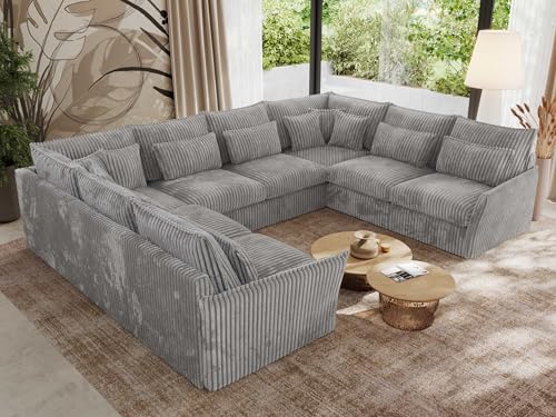 MKS MEBLE Sofa U-Form, Wohnlandschaft, Couch, Ecksofa, Couchgranitur, Polsterecke, Big Sofa XXL, Polstergarnitur - Verso U 8M - Hellgrau Cord